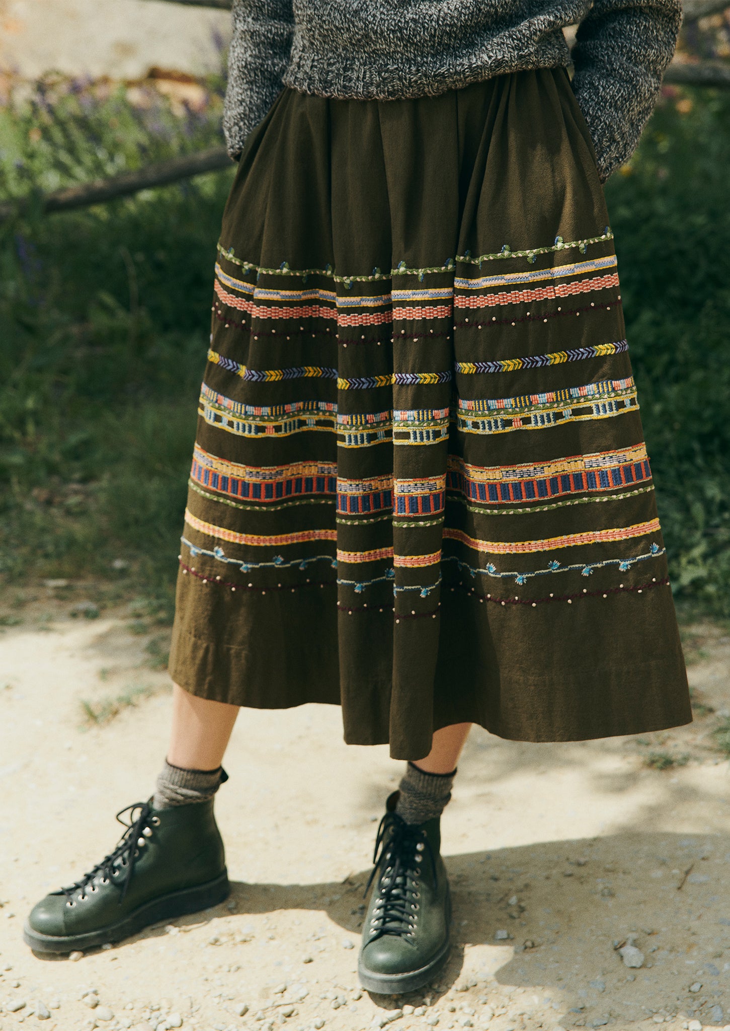 Embroidered Textured Cotton Skirt | Tent Green