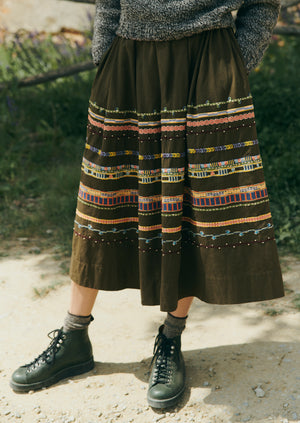 Embroidered Textured Cotton Skirt | Tent Green