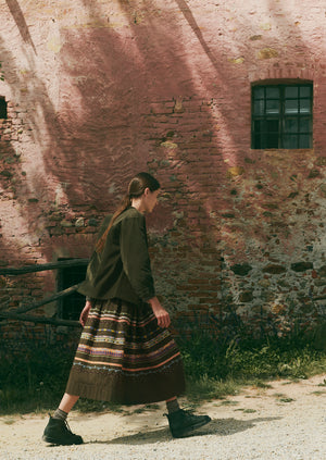 Embroidered Textured Cotton Skirt | Tent Green