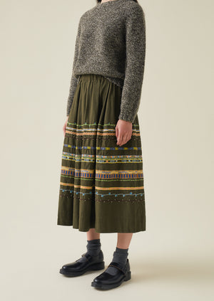 Embroidered Textured Cotton Skirt | Tent Green