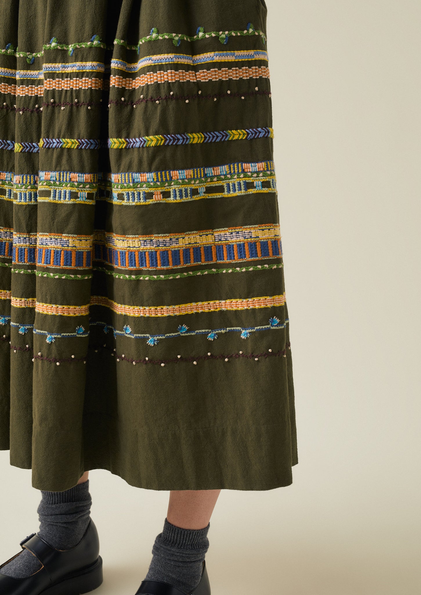Embroidered Textured Cotton Skirt | Tent Green