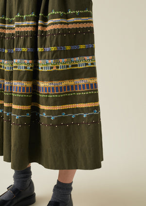 Embroidered Textured Cotton Skirt | Tent Green