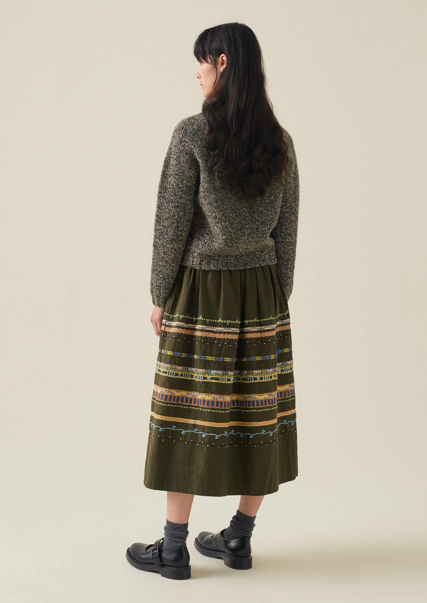 Embroidered Textured Cotton Skirt | Tent Green