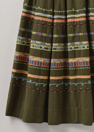 Embroidered Textured Cotton Skirt | Tent Green