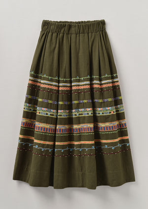 Embroidered Textured Cotton Skirt | Tent Green