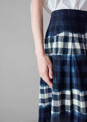 Dip Dye Stripe Gingham Cotton Skirt | Navy/Ecru