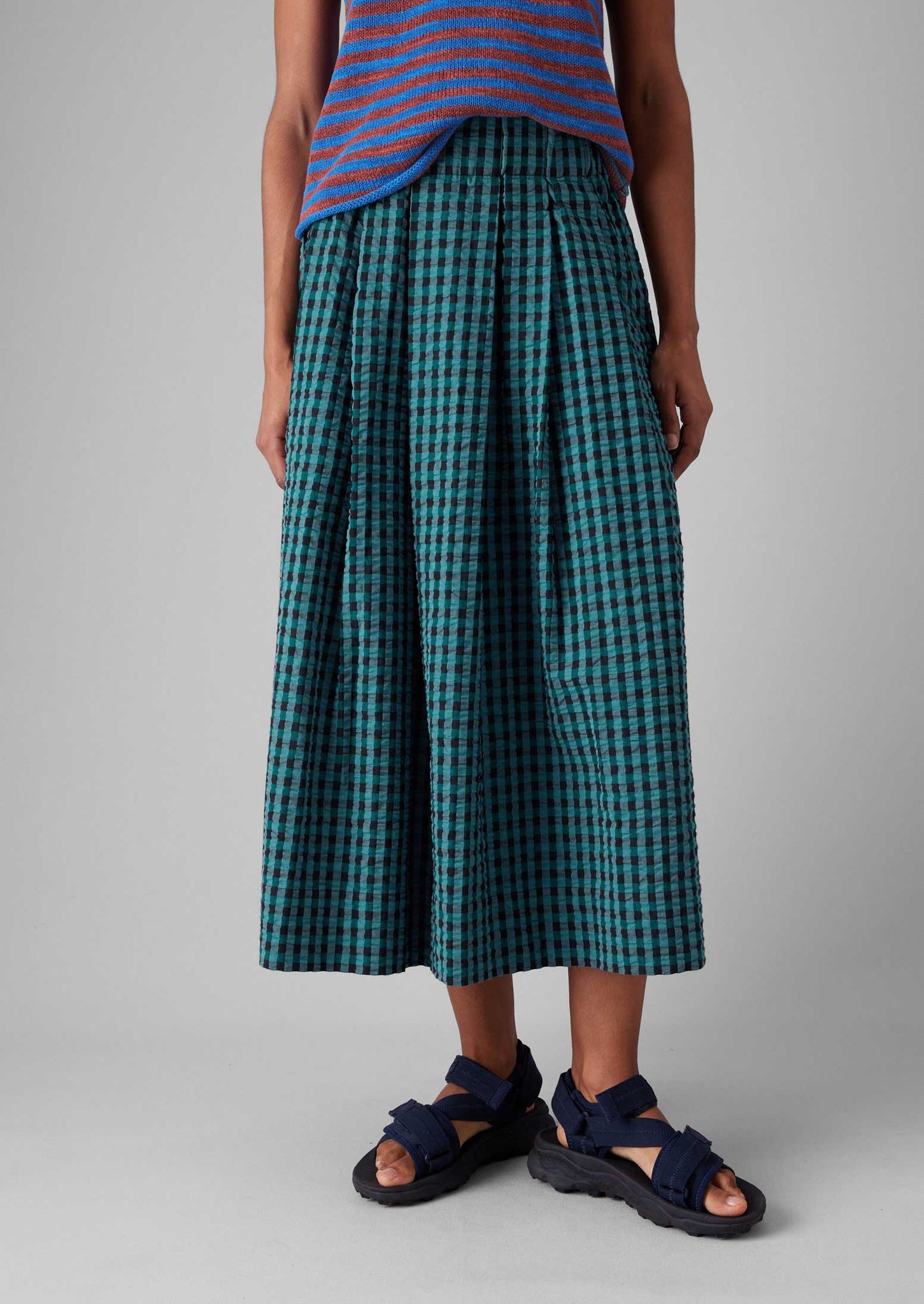 Seersucker Gingham Cotton Skirt | Teal Multi