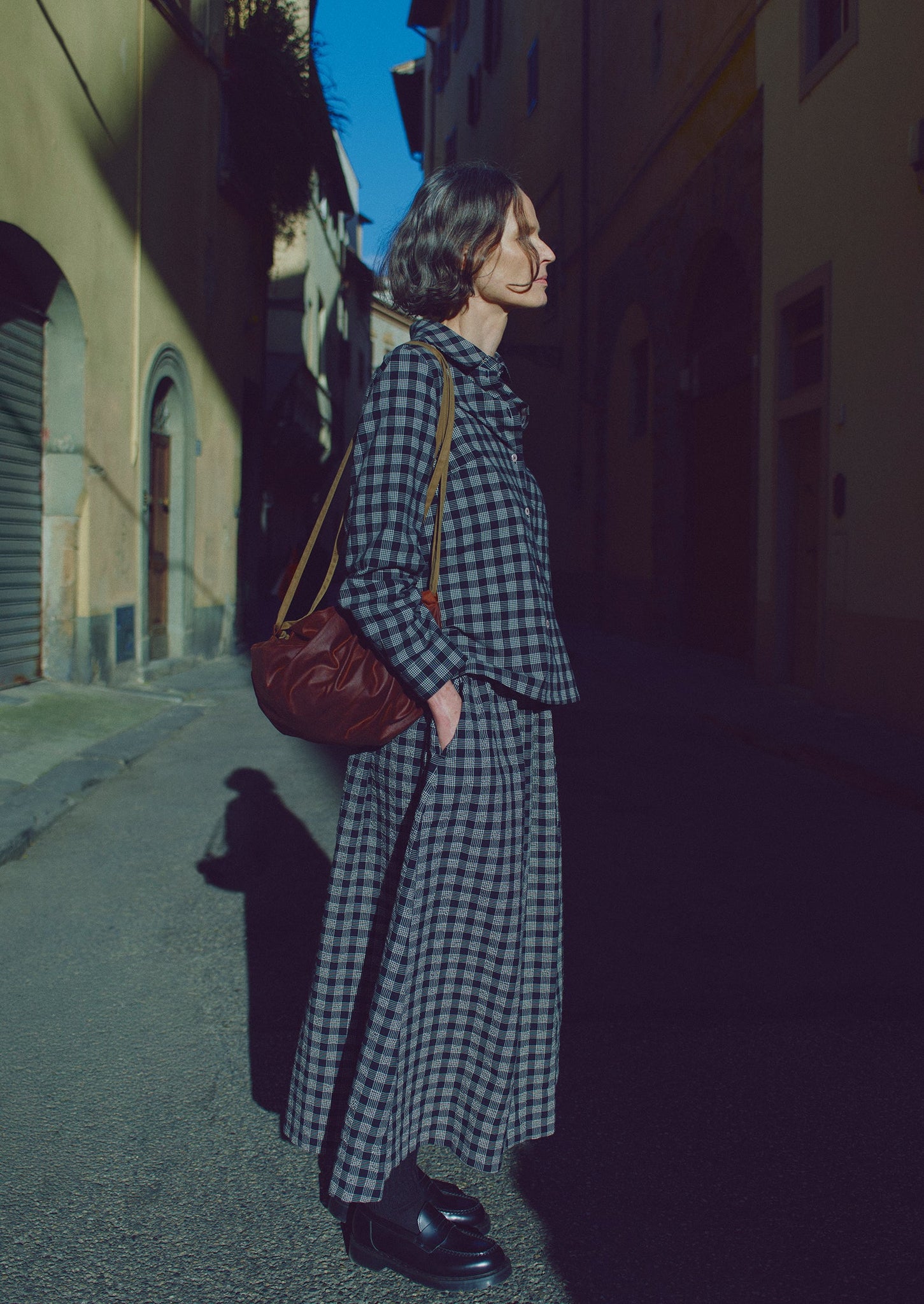 Binding Check Cotton Wool Seersucker Skirt | Black/Ecru