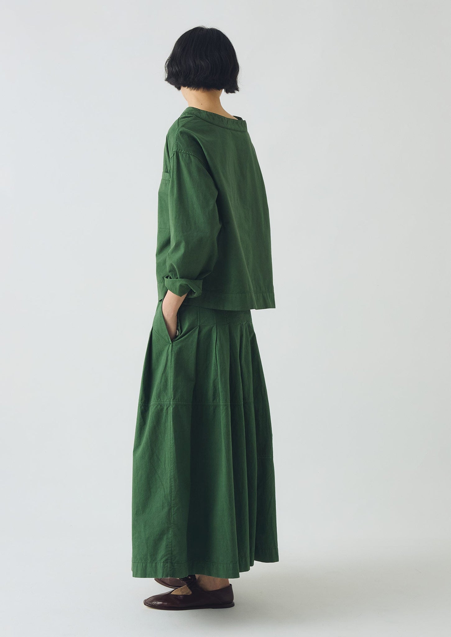 Panelled Cotton Linen Poplin Skirt | Forest Green
