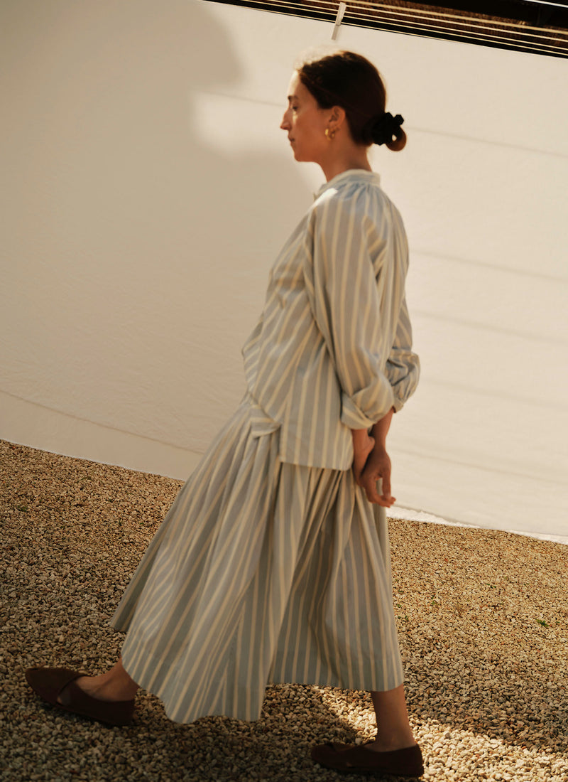 Pleated Stripe Cotton Skirt | Ecru/Blue