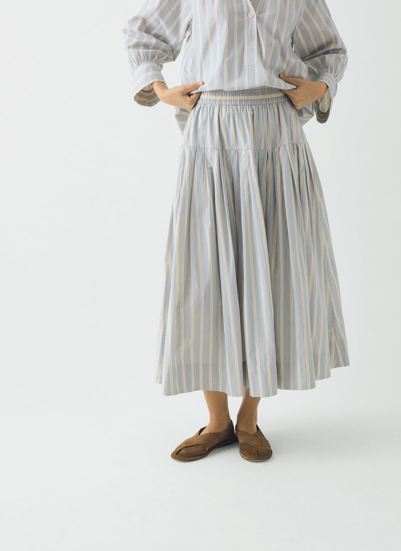 Pleated Stripe Cotton Skirt | Ecru/Blue