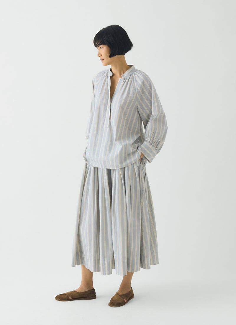 Pleated Stripe Cotton Skirt | Ecru/Blue