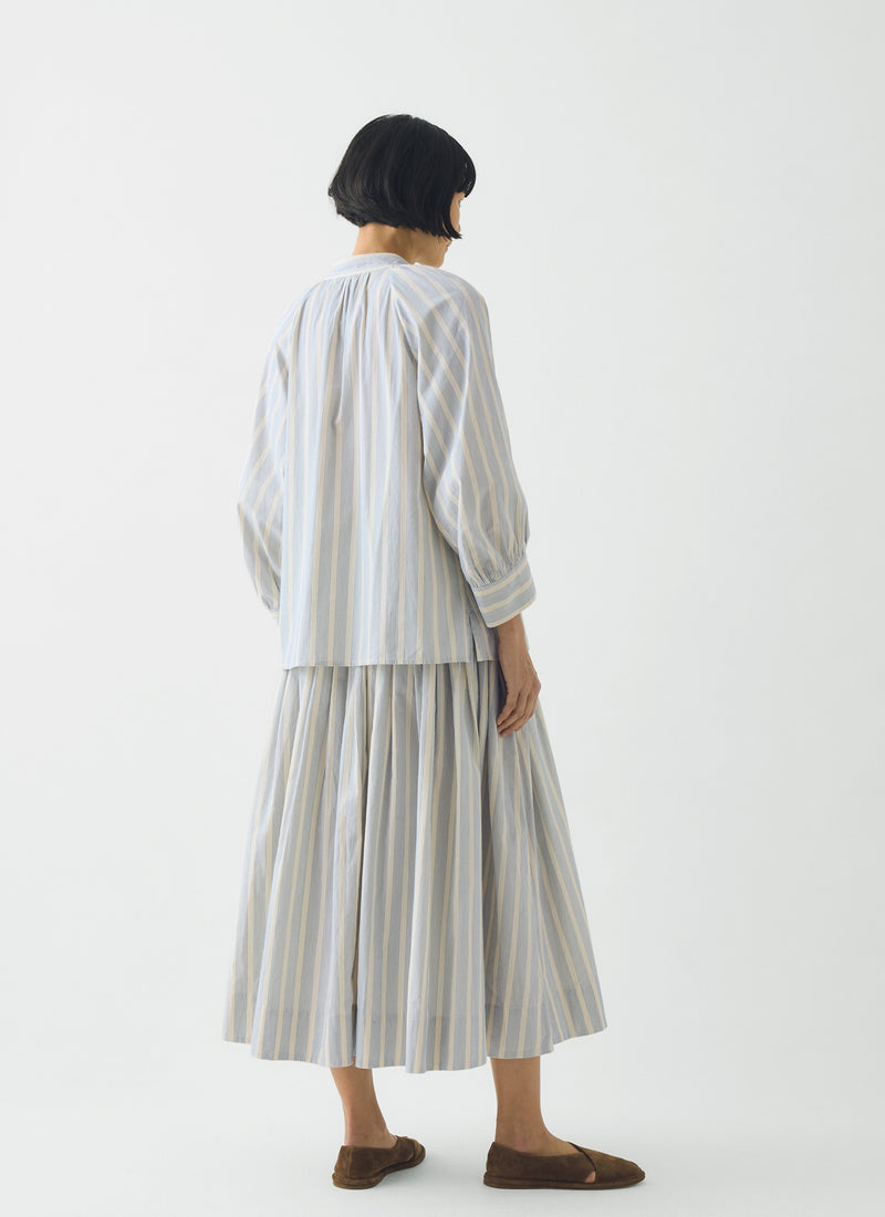 Pleated Stripe Cotton Skirt | Ecru/Blue