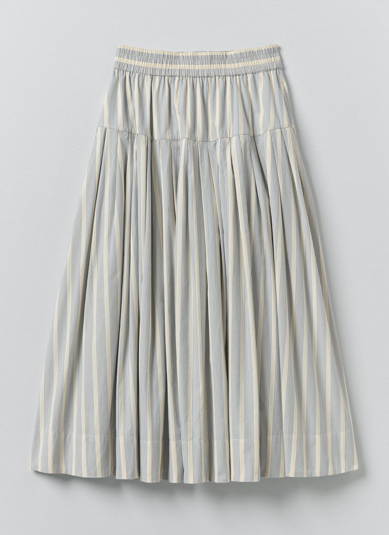 Pleated Stripe Cotton Skirt | Ecru/Blue
