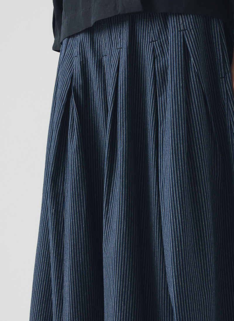 Railroad Stripe Pleated Cotton Skirt | Denim Blue