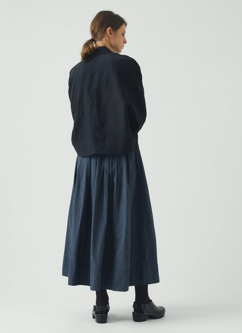 Railroad Stripe Pleated Cotton Skirt | Denim Blue