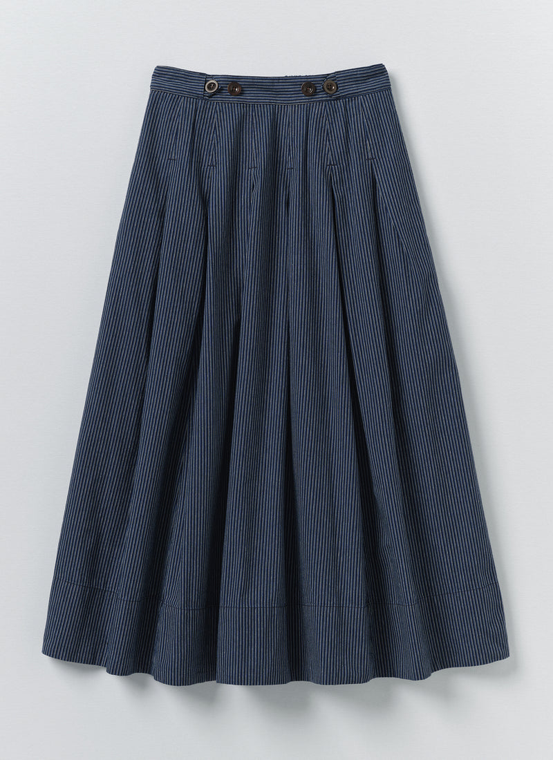 Railroad Stripe Pleated Cotton Skirt | Denim Blue