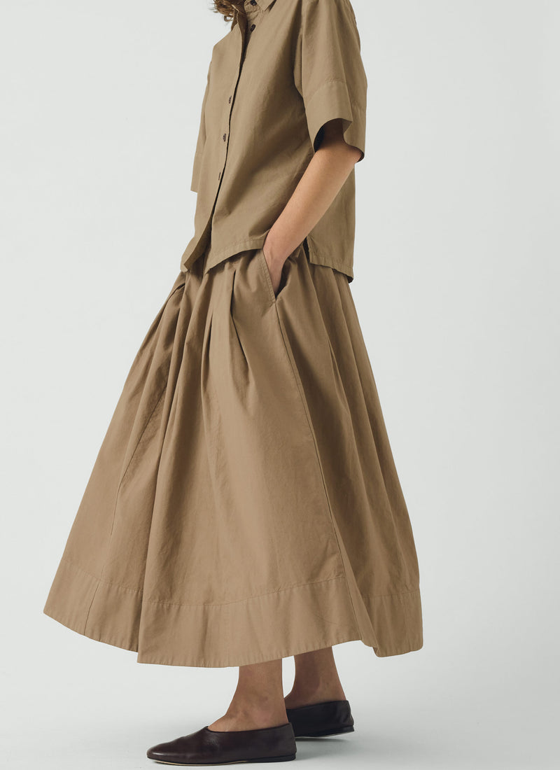 Pleated Cotton Linen Poplin Skirt | Ash Brown
