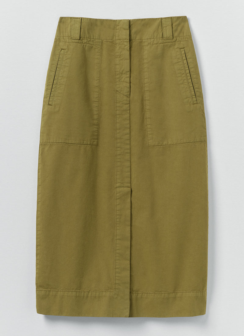 Straight Cotton Twill Skirt | Warm Olive