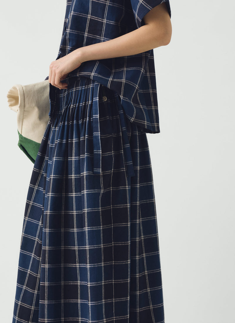 Market Check Pleated Cotton Linen Skirt | Denim Blue