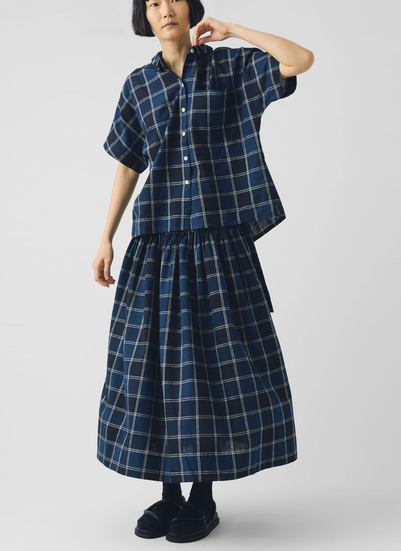 Market Check Pleated Cotton Linen Skirt | Denim Blue