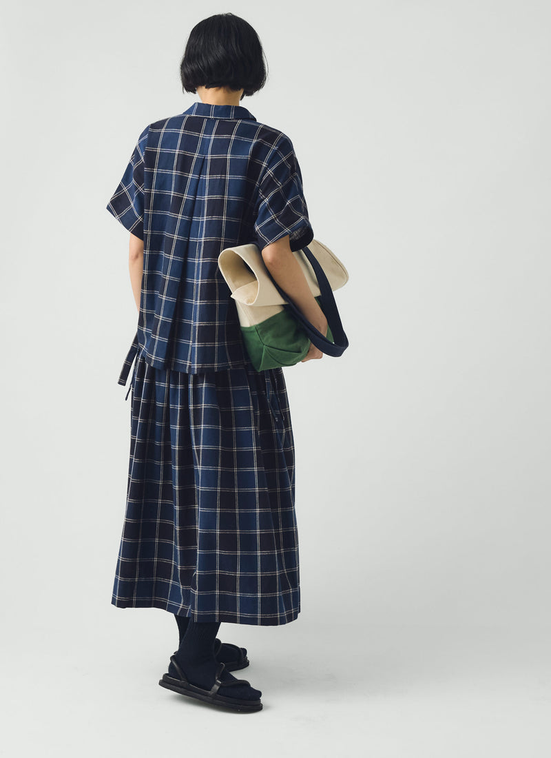Market Check Pleated Cotton Linen Skirt | Denim Blue