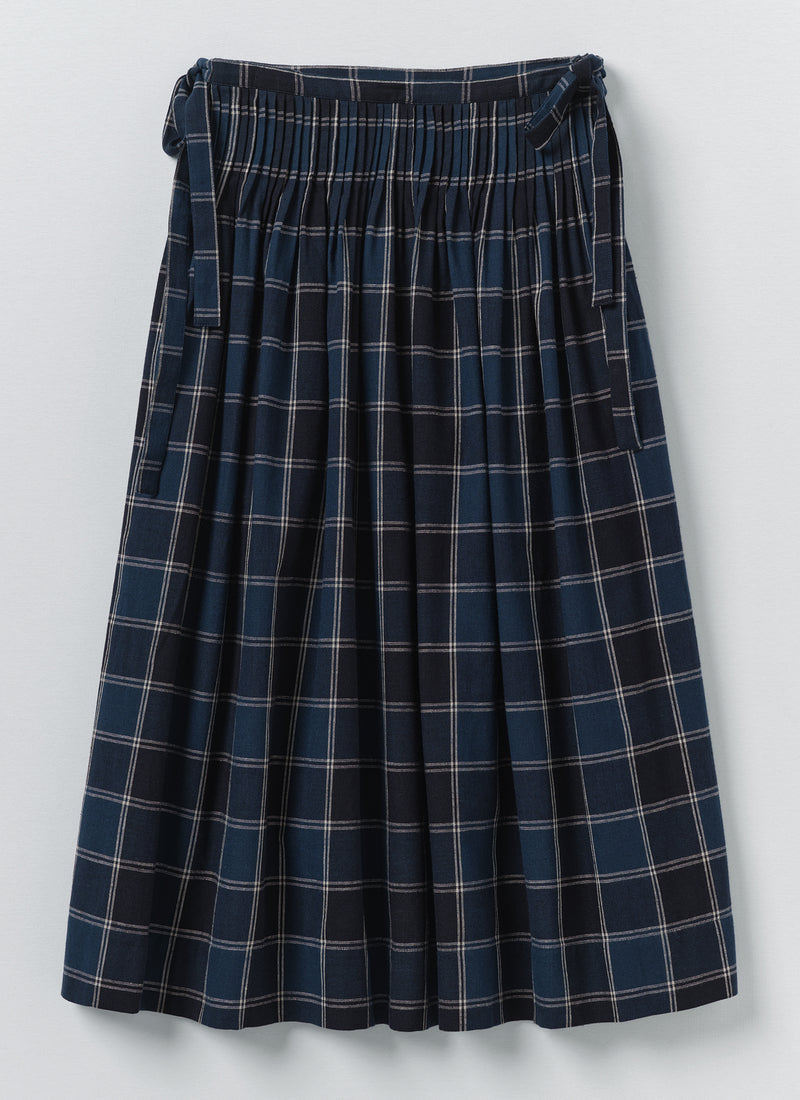 Market Check Pleated Cotton Linen Skirt | Denim Blue