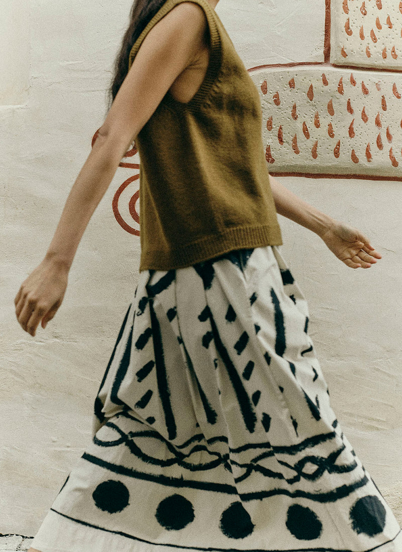 Harvest Print Cotton Linen Poplin Skirt | Black/Parchment