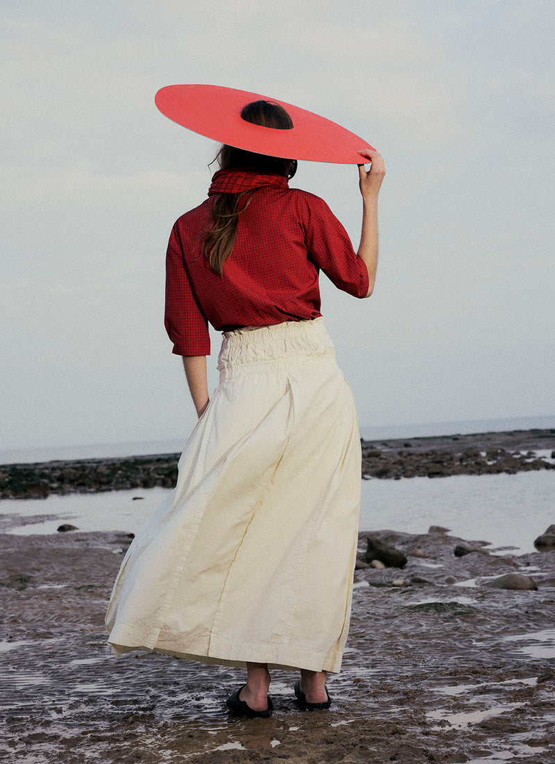 Cotton Linen Poplin Box Pleat Skirt | Ecru