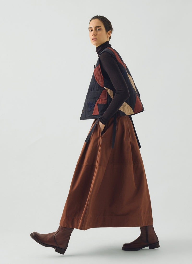 Slanted Pleat Cotton Skirt | Brick
