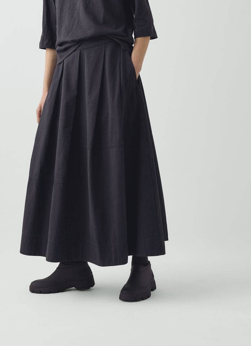 Slanted Pleat Cotton Skirt | Slate