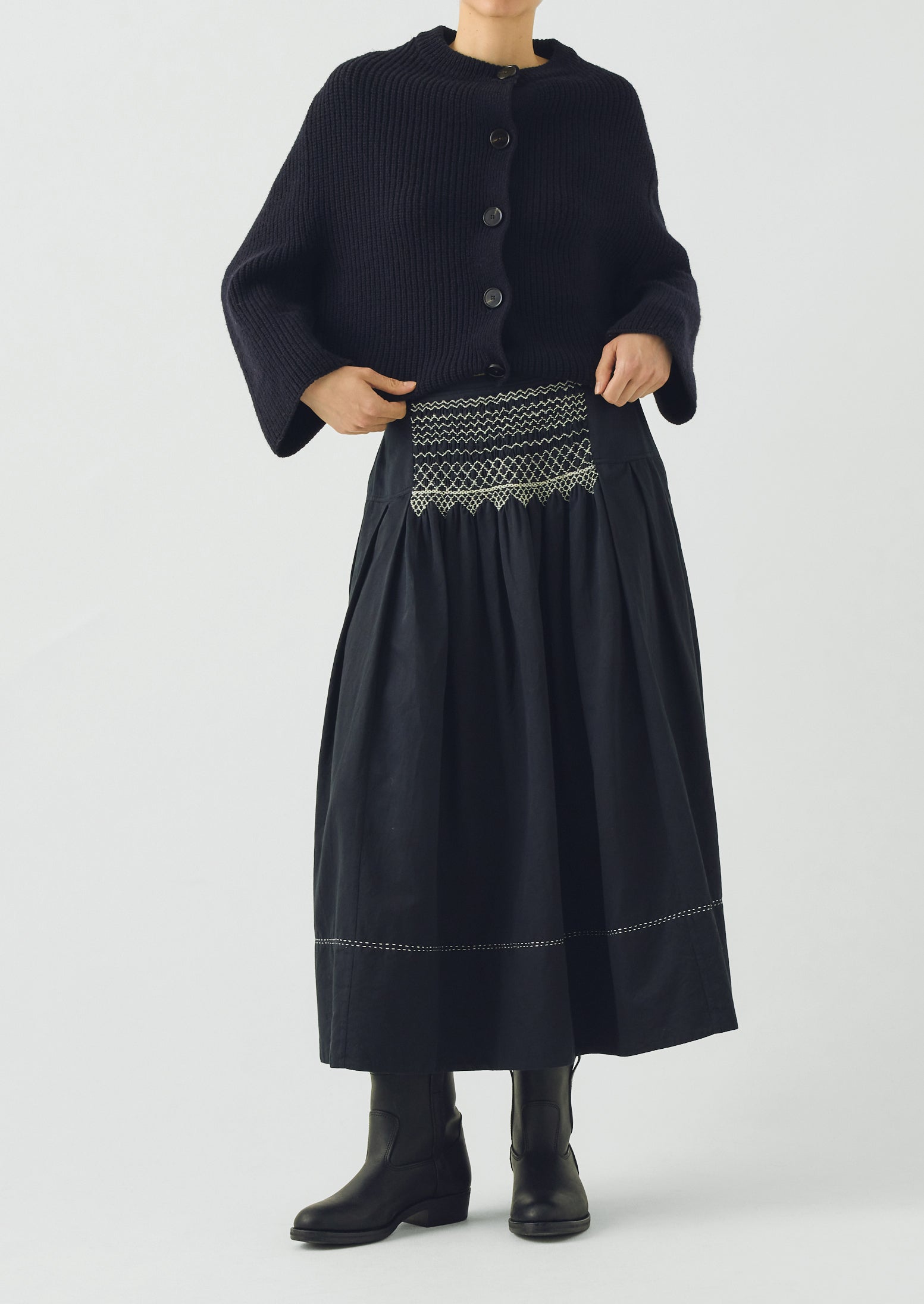 Cotton Satin Smocked Skirt | Midnight | TOAST