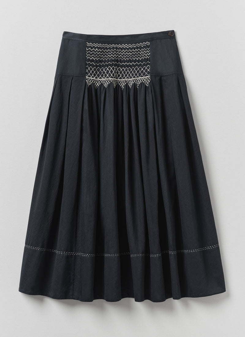 Cotton Satin Smocked Skirt | Midnight