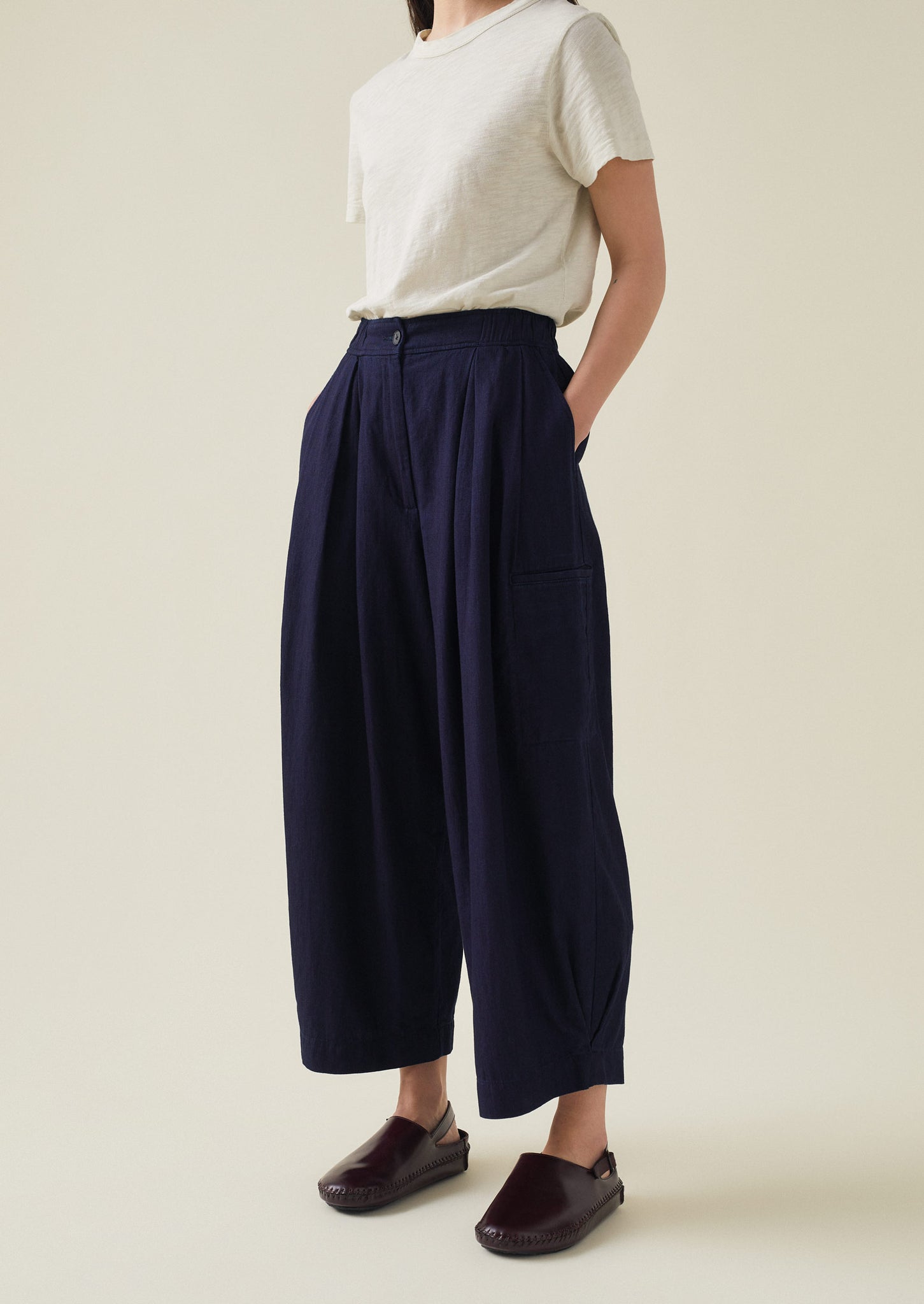 Indigo Cotton Twill Wide Leg Trousers, Indigo