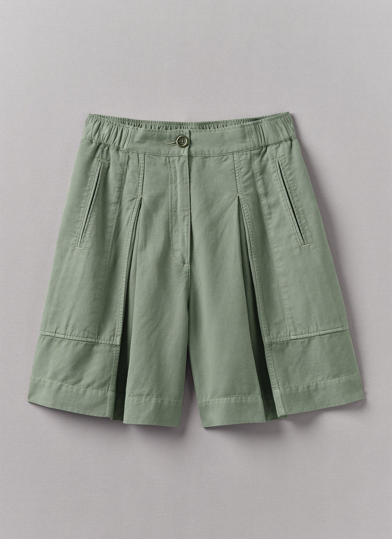 Pleated Cotton Linen Twill Shorts | Sage