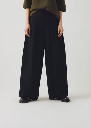 Corinne Wool Cotton Herringbone Wide Leg Trousers | Black