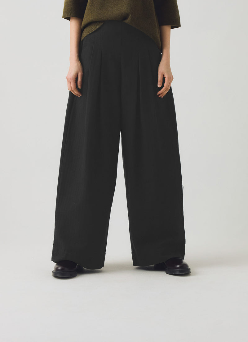 Corinne Wool Cotton Herringbone Wide Leg Trousers | Black