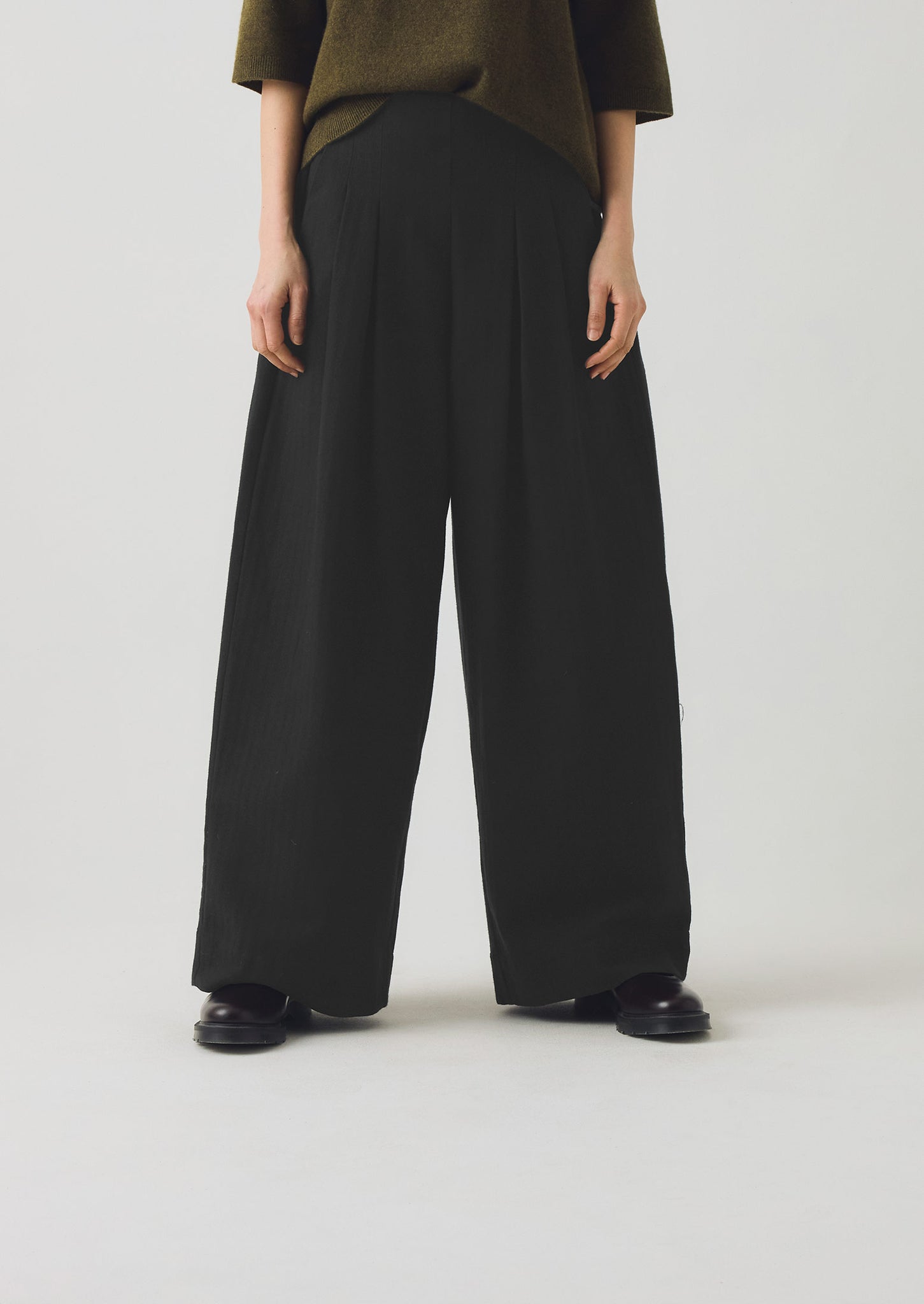 Corinne Wool Cotton Herringbone Wide Leg Trousers | Black