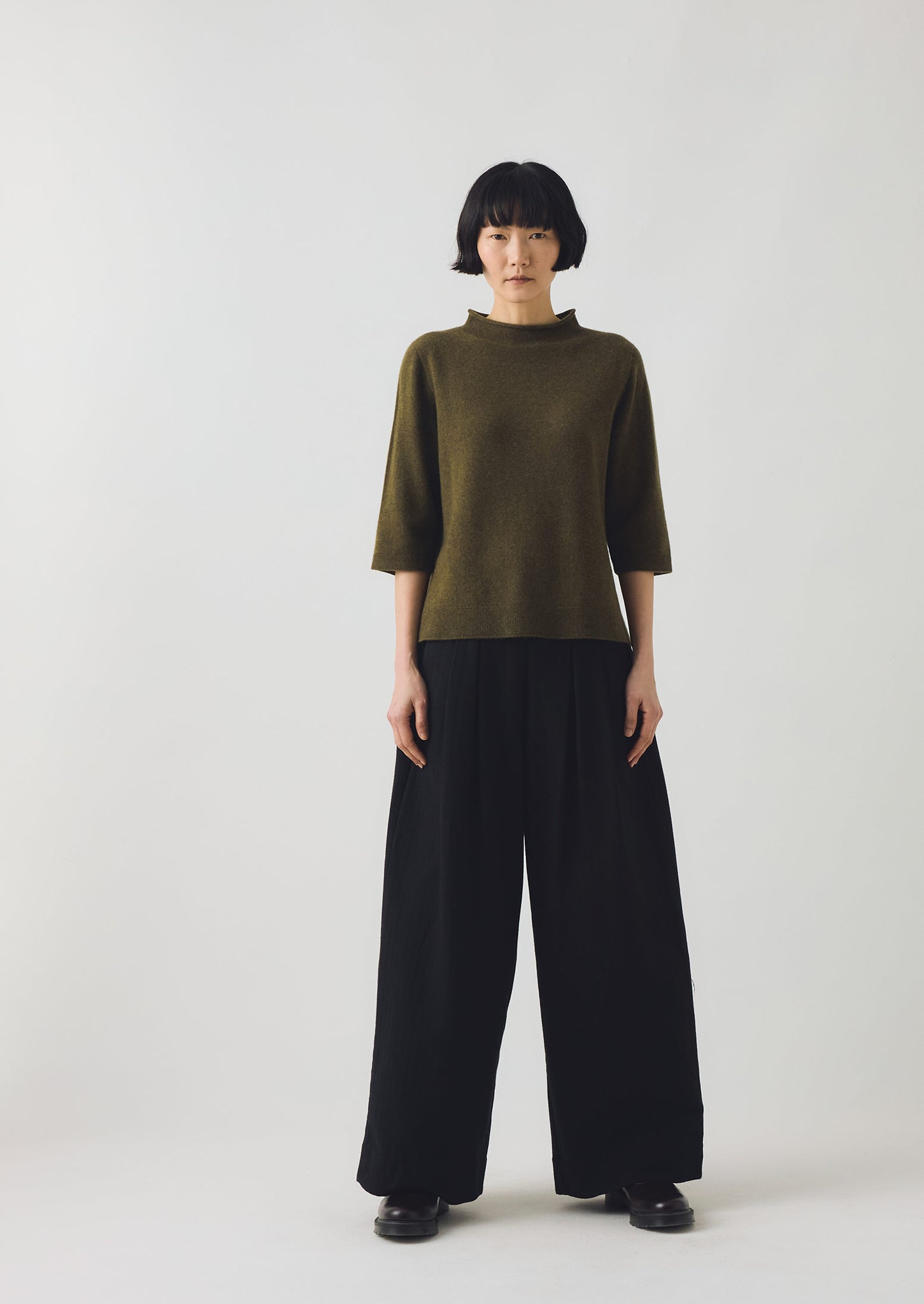 Corinne Wool Cotton Herringbone Wide Leg Trousers | Black