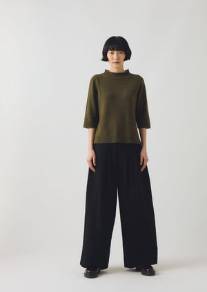 Corinne Wool Cotton Herringbone Wide Leg Trousers | Black
