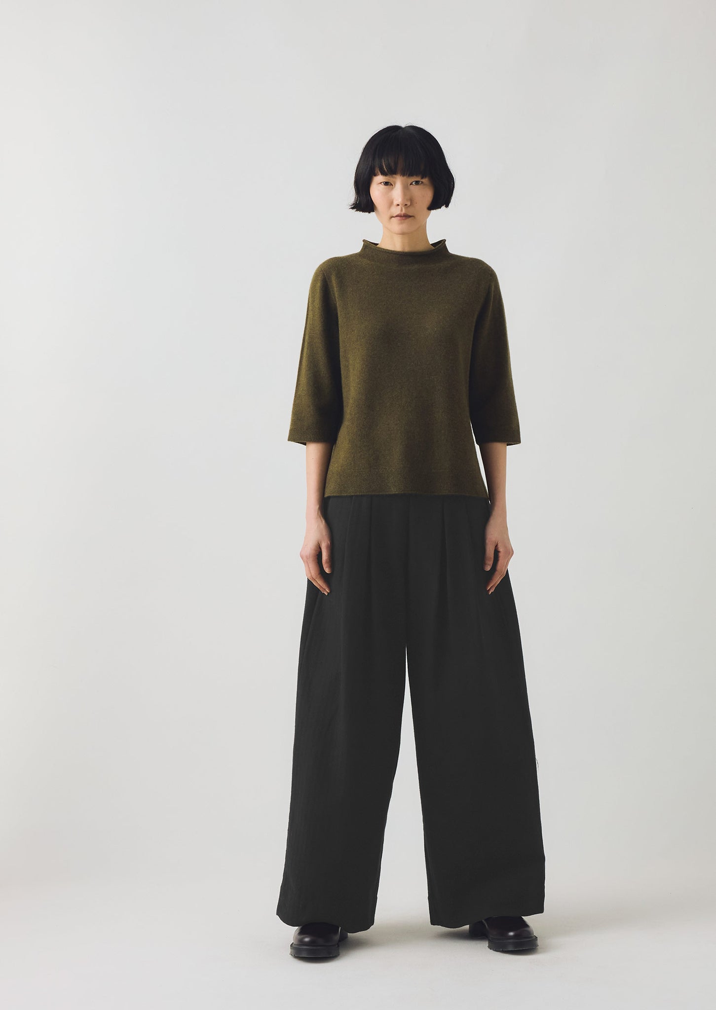 Corinne Wool Cotton Herringbone Wide Leg Trousers | Black