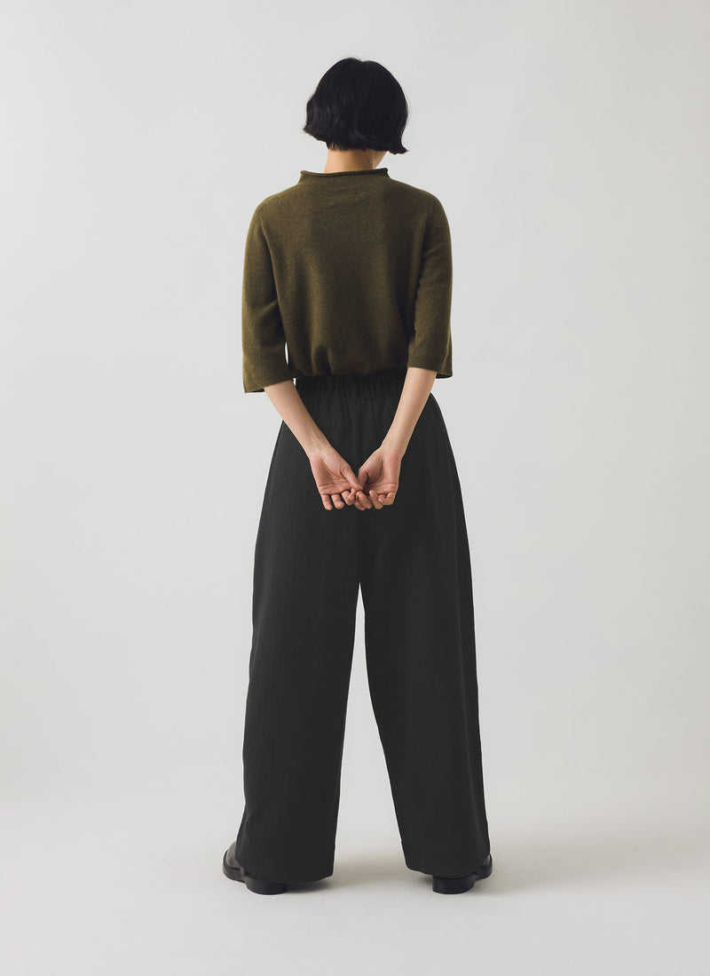 Corinne Wool Cotton Herringbone Wide Leg Trousers | Black