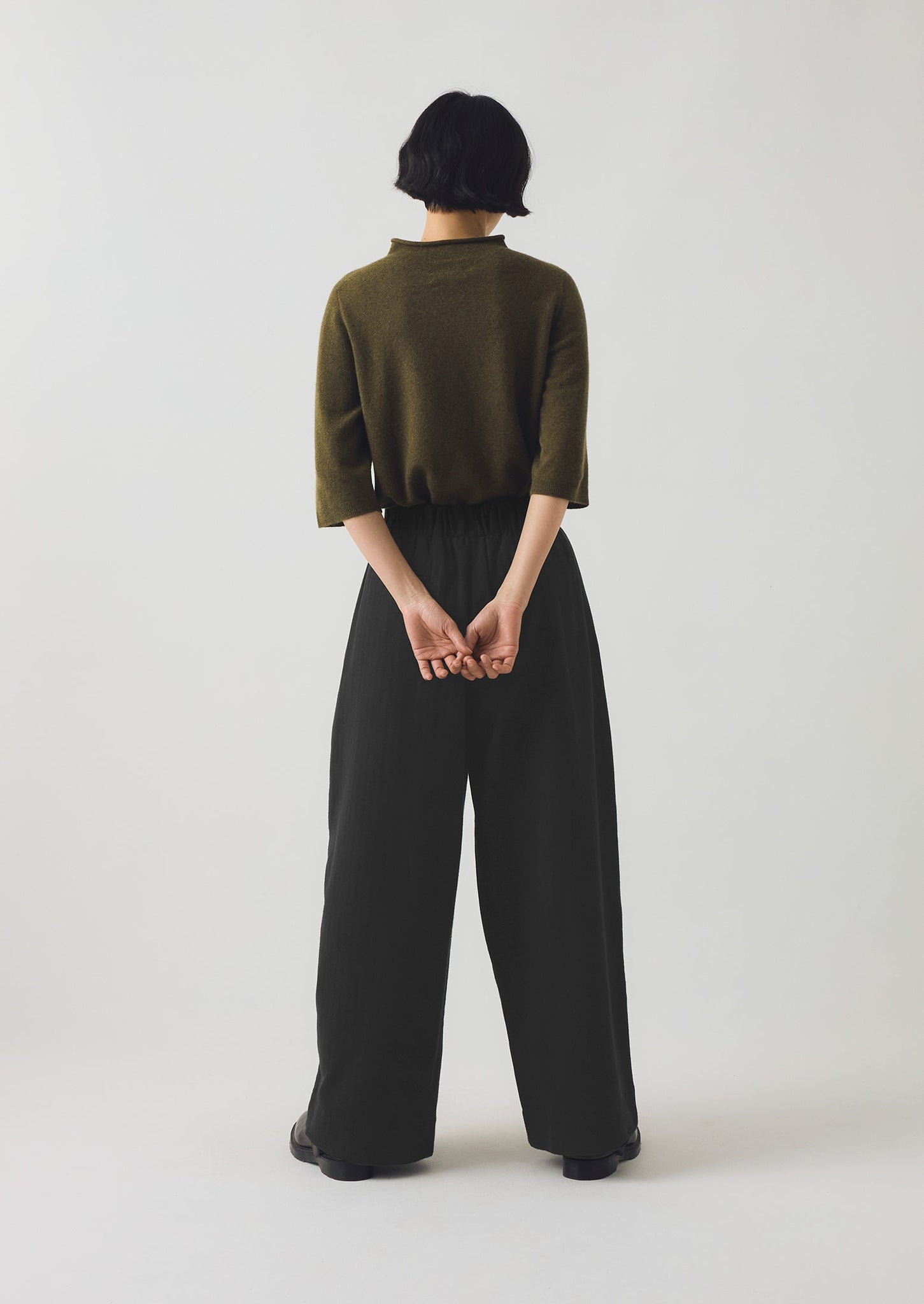 Corinne Wool Cotton Herringbone Wide Leg Trousers | Black