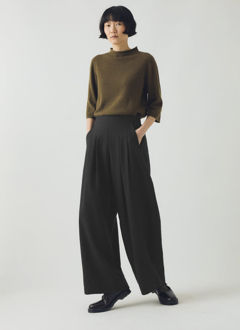 Corinne Wool Cotton Herringbone Wide Leg Trousers | Black