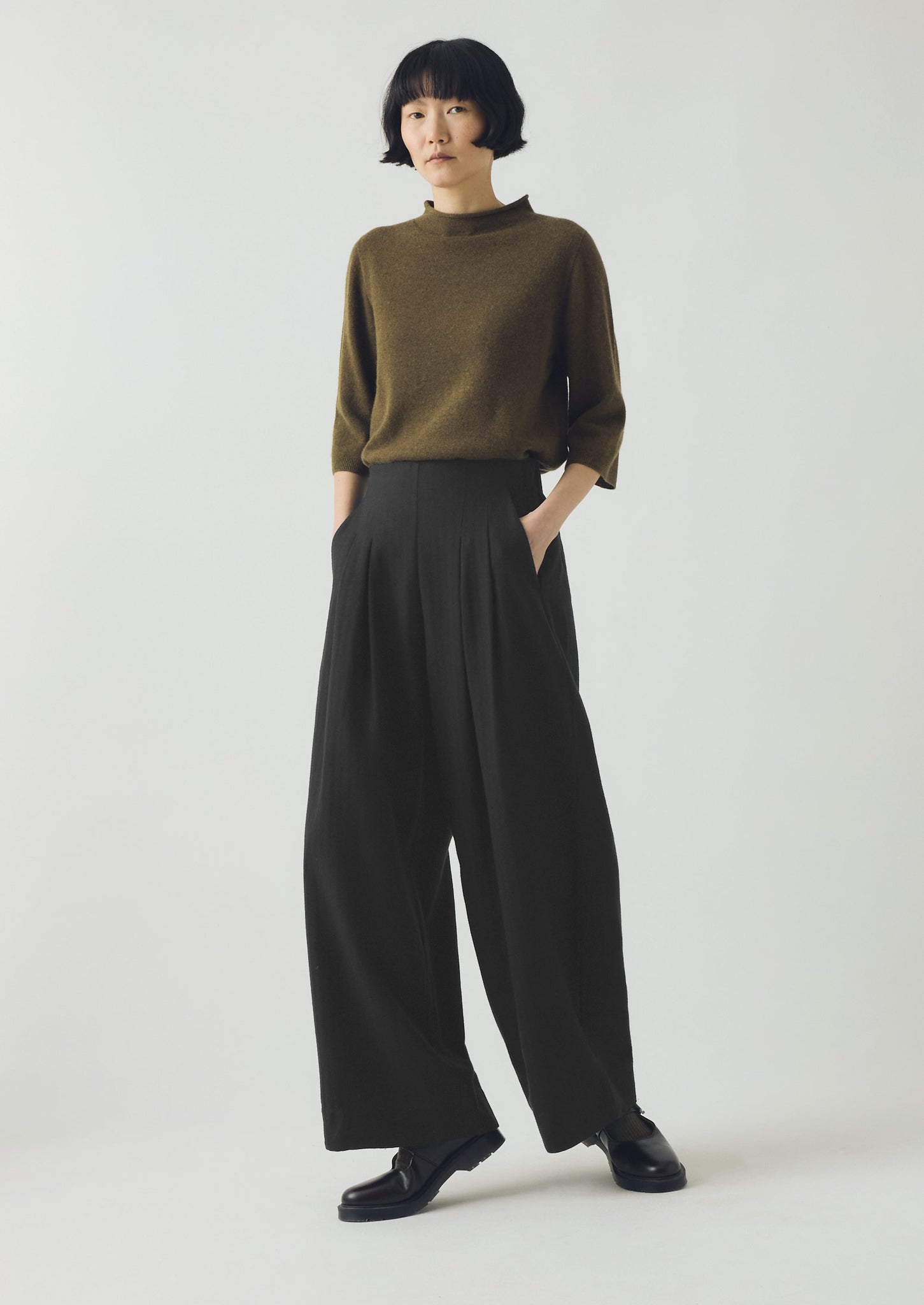 Corinne Wool Cotton Herringbone Wide Leg Trousers | Black
