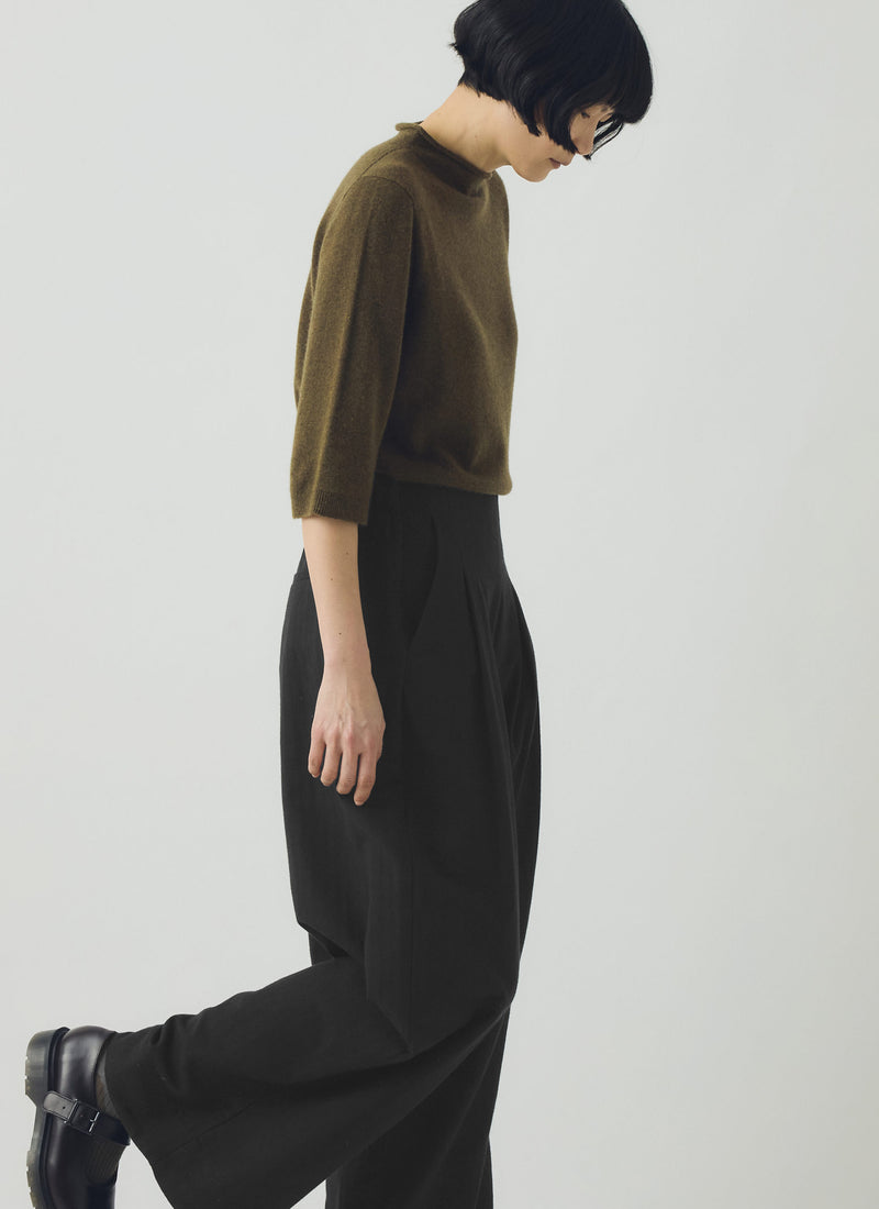 Corinne Wool Cotton Herringbone Wide Leg Trousers | Black