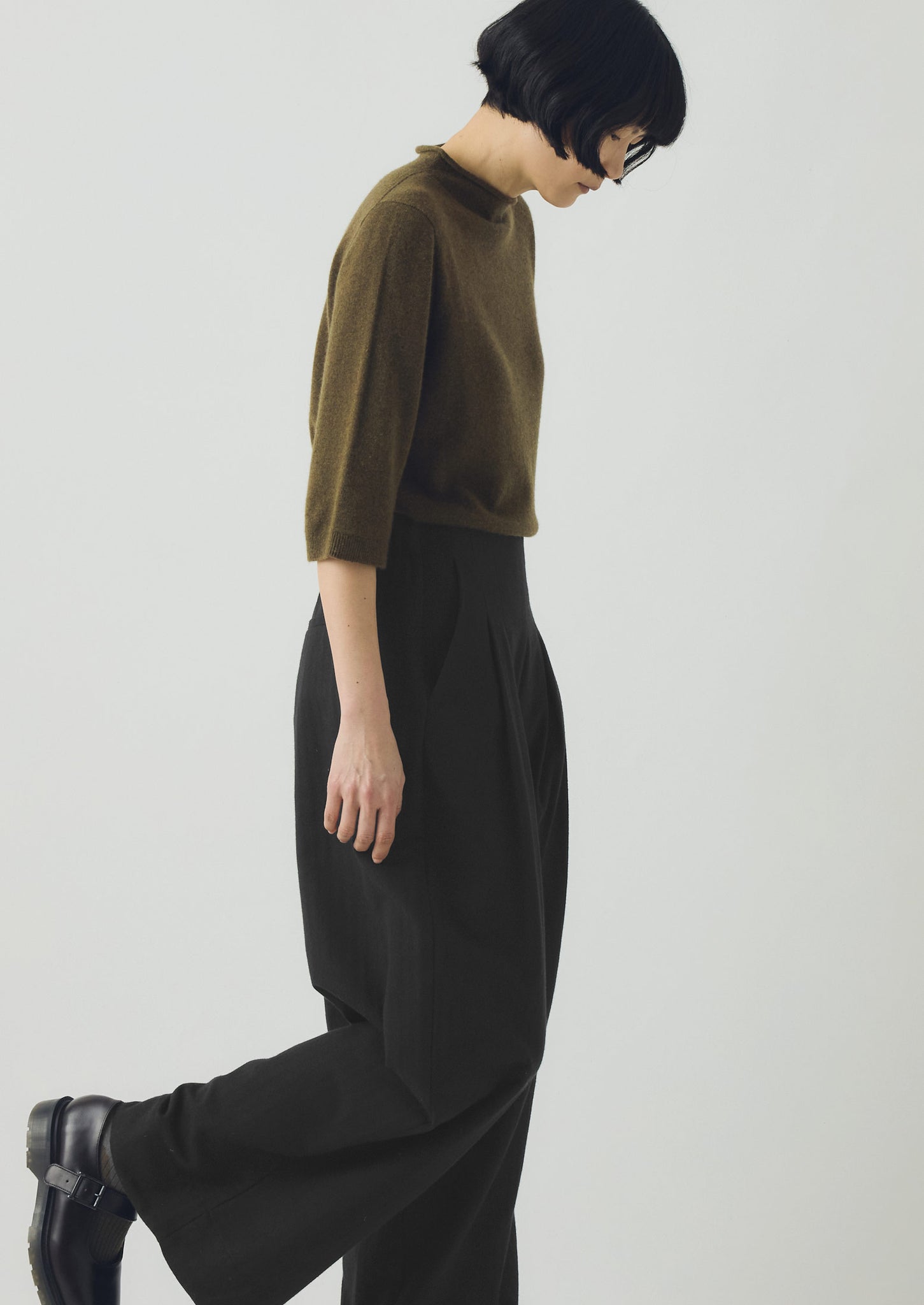 Corinne Wool Cotton Herringbone Wide Leg Trousers | Black