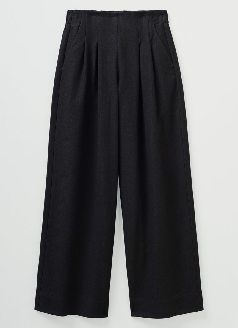 Corinne Wool Cotton Herringbone Wide Leg Trousers | Black