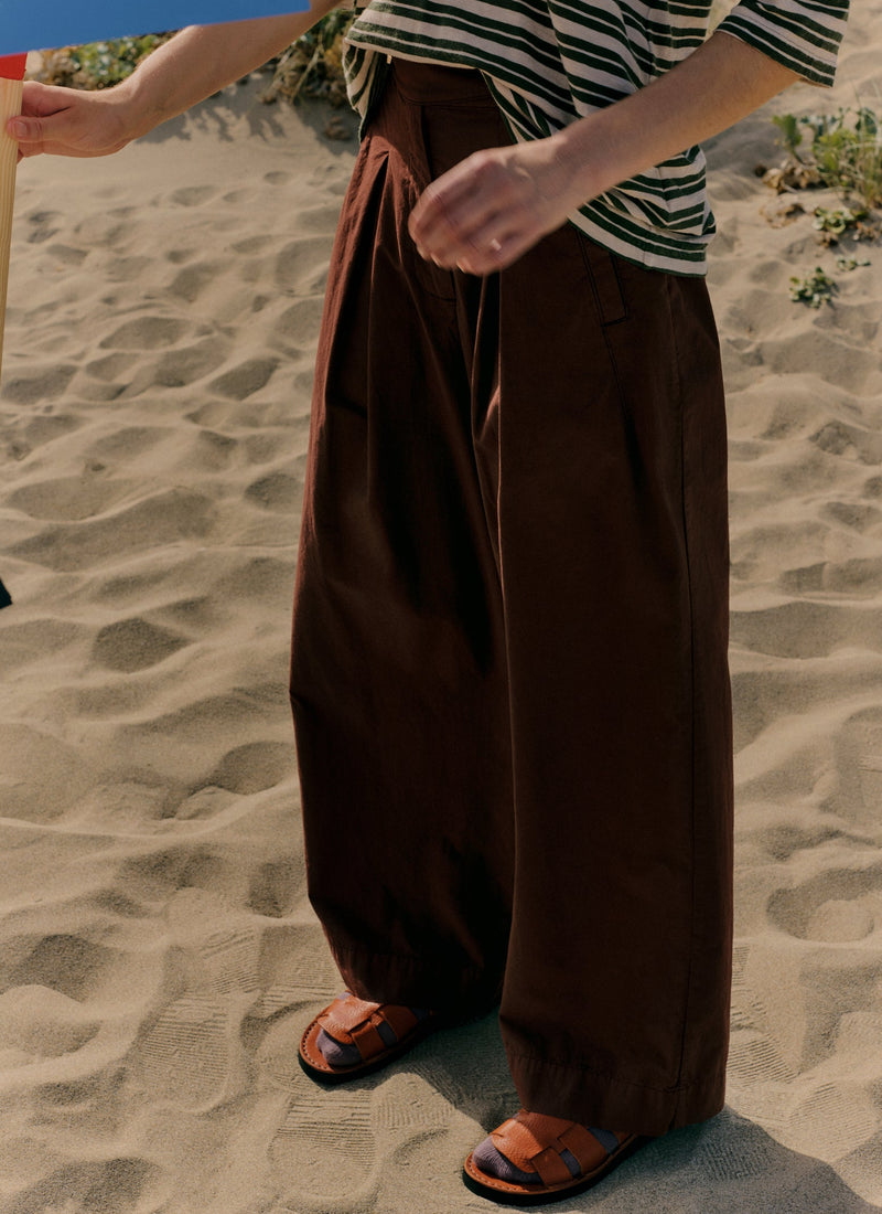 Belted Cotton Linen Poplin Wide Leg Trousers | Brown Ochre
