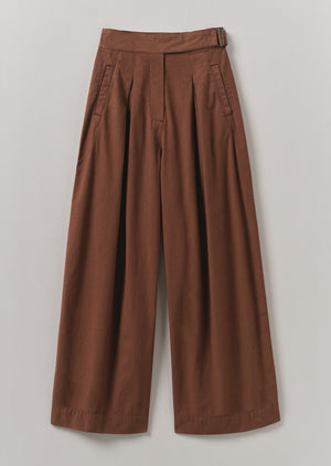 Belted Cotton Linen Poplin Wide Leg Trousers | Brown Ochre